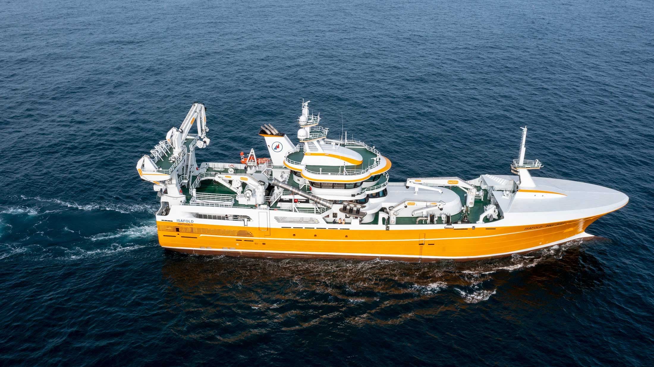 The fishing vessel Isafold under way in open sea, seen from above