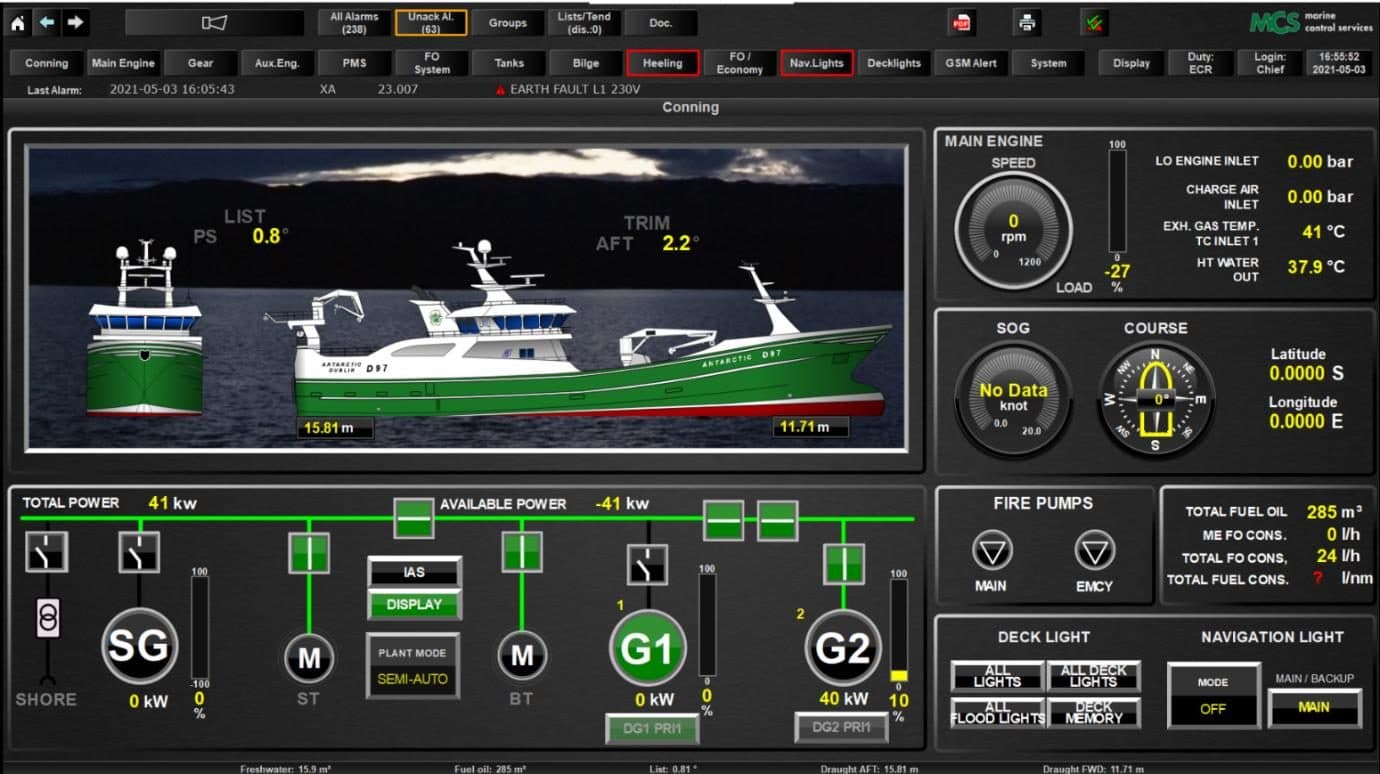 Evolution IAS conning overview with vessel trim and list, main switchboard power, main engine and fuel readouts