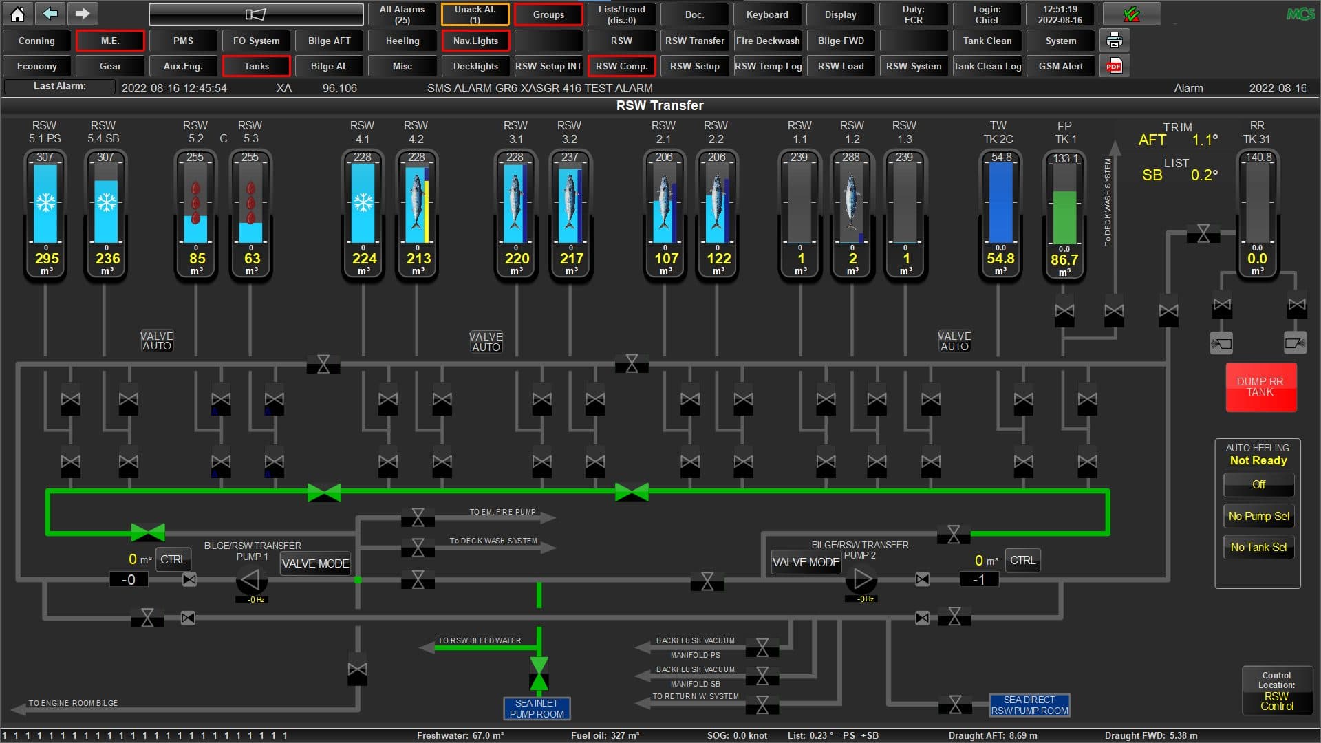 Evolution IAS RSW transfer screen with tank levels, fish in tanks, valves and transfer pumps
